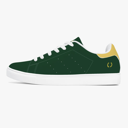 British Racing Green leather sneakers inspired by classic motorsports heritage. Designed for unisex wear with a sleek, custom look.