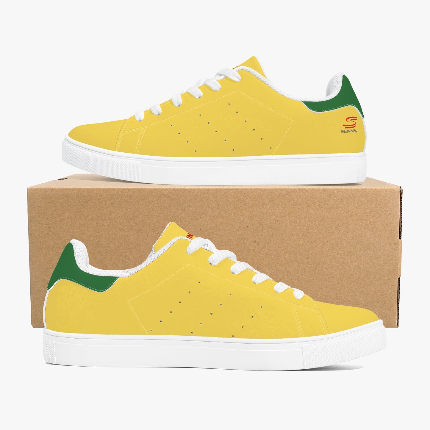 Brazil Low yellow leather sneakers inspired by Ayrton Senna and classic motorsports heritage. Designed for unisex wear with a sleek, custom look.