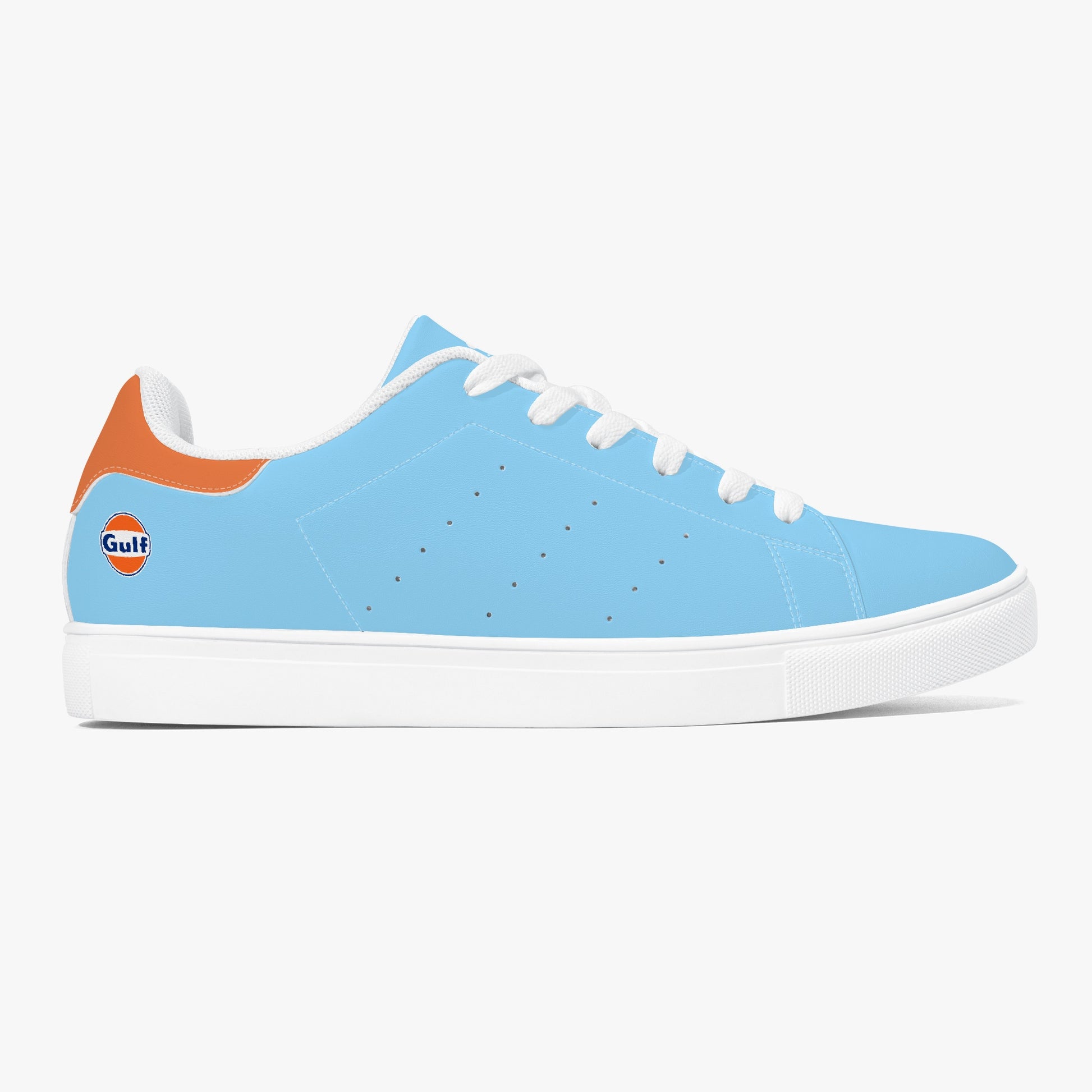 Gulf Racing leather sneakers inspired by classic motorsports heritage. Designed for unisex wear with a sleek, custom look.