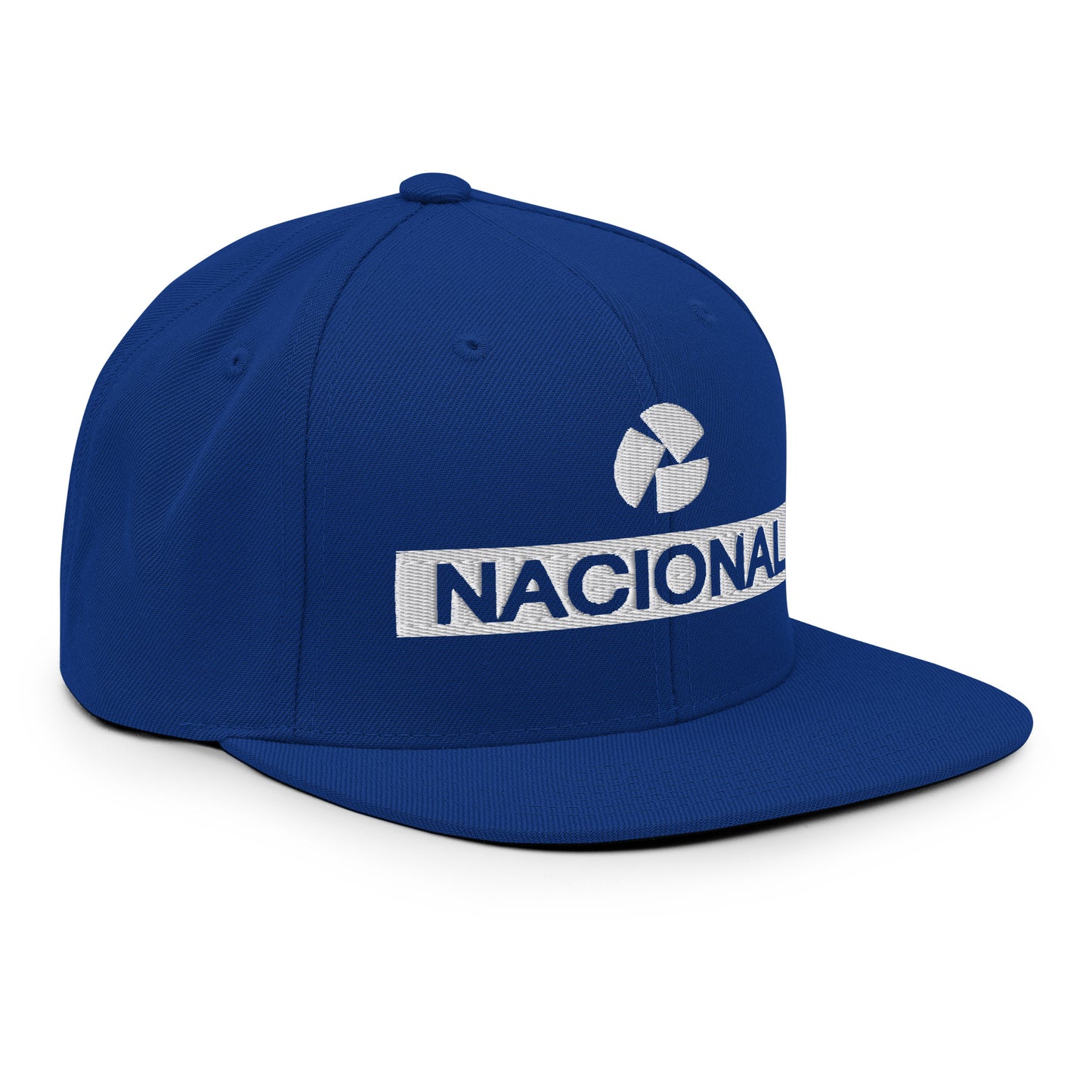 Side view of the Nacional snapback hat, featuring premium embroidery and a timeless motorsport aesthetic.