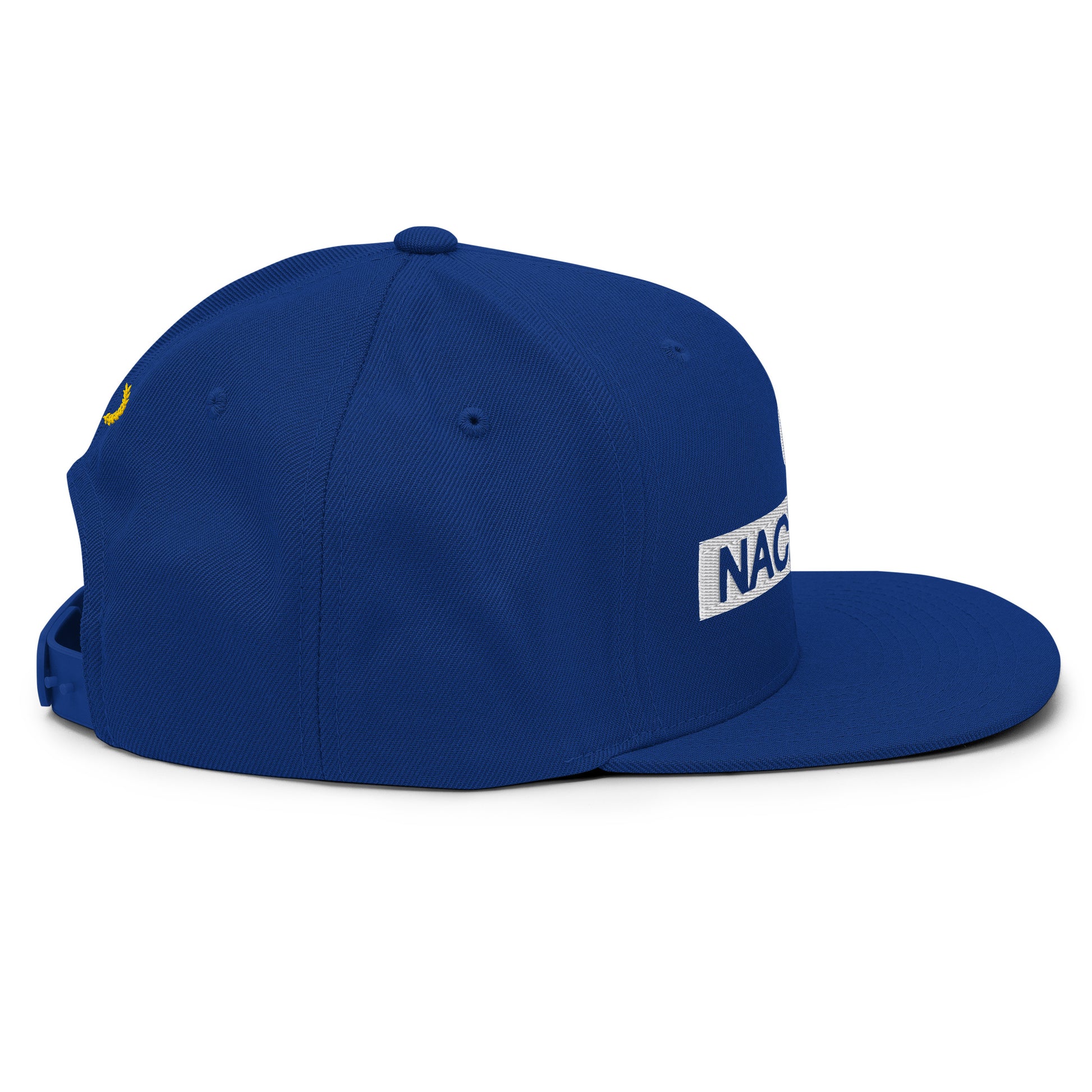 Side view of the Nacional snapback hat, featuring premium embroidery and a timeless motorsport aesthetic.